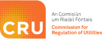 Logo of the Commission for Regulation of Utilities with text in Irish and English on an orange dotted background.