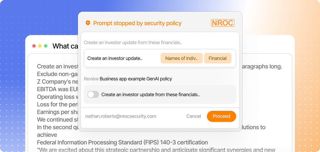 User interface showing a blocked prompt message 'Prompt stopped by security policy' with options to review and proceed or cancel.