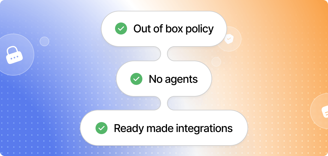 Three connected white rounded rectangles on a blue and orange gradient background, listing features with green checkmarks: Out of box policy, No agents, Ready made integrations.
