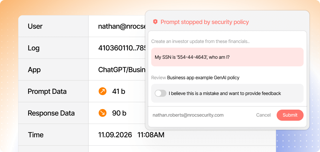 Screenshot of a security policy alert blocking a prompt containing a social security number on a ChatGPT business app interface.