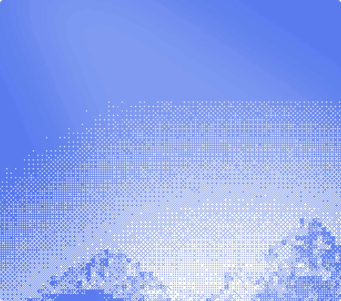 Blue and white abstract digital pattern with pixelated gradient forming a wave-like shape.