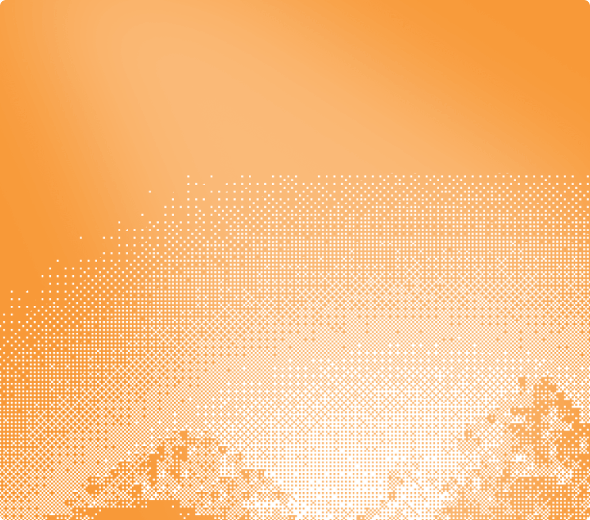 Orange gradient background with white pixelated pattern forming a wave-like shape across the center.