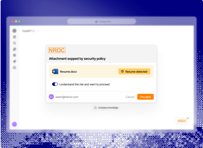 Dialog box showing a security policy warning that a resume attachment has been stopped, with options to acknowledge the risk and proceed or cancel.