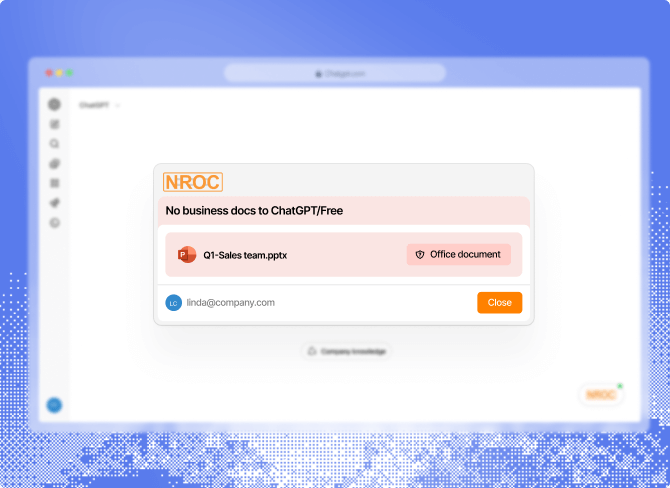Popup window with NROC logo showing a message 'No business docs to ChatGPT/Free' and a file named Q1-Sales team.pptx labeled as an Office document, with a user email and a close button.