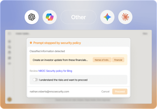 User interface showing a security prompt that stops a request due to detected classified information, with options to review policy, confirm understanding, cancel, or proceed.
