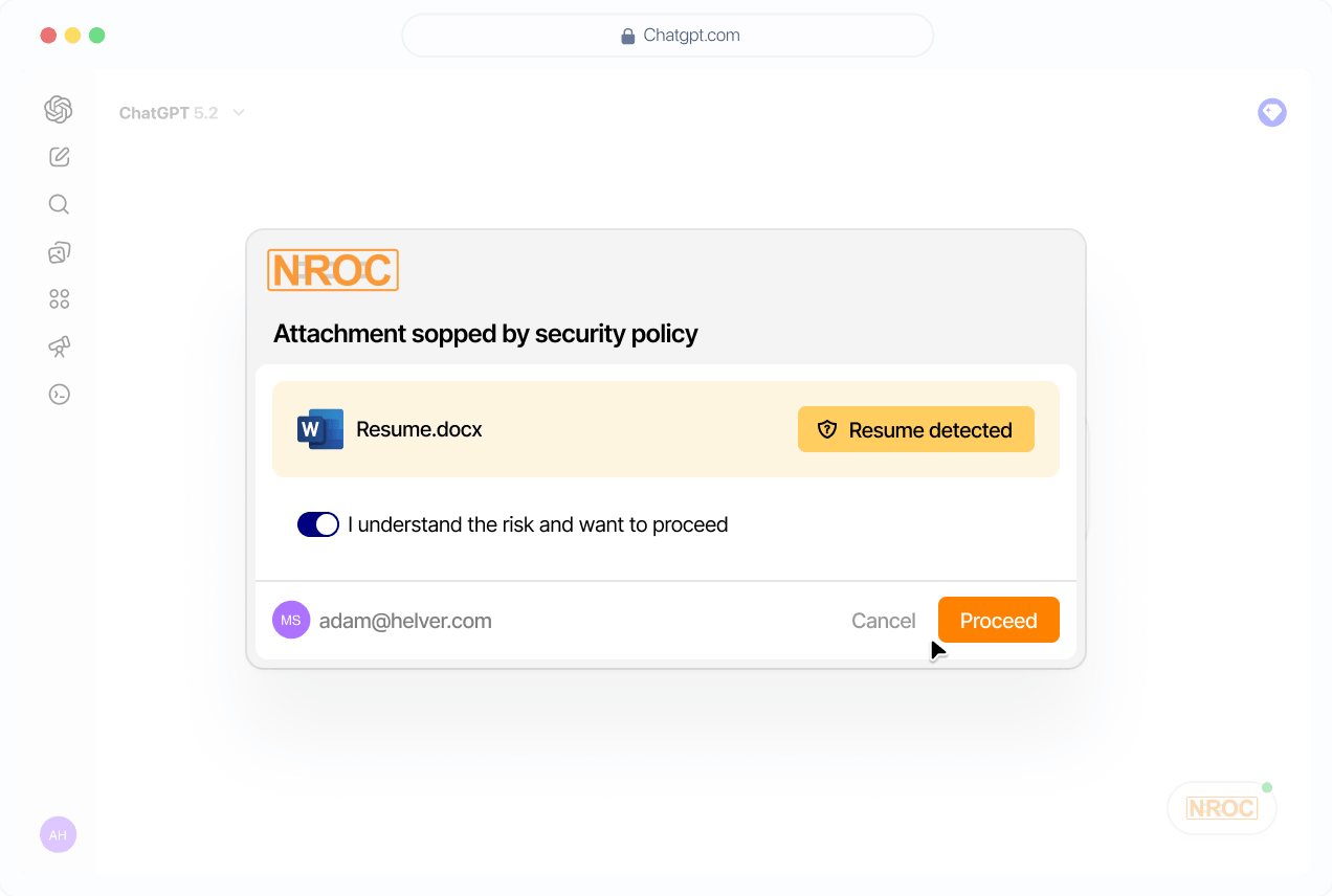 Dialog box showing a security policy warning that a resume attachment has been stopped, with options to acknowledge the risk and proceed or cancel.