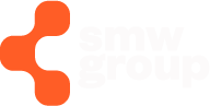SMW Groups logotyp med orange former till vänster om texten.