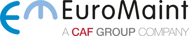 EuroMaint-logotyp med blå bokstäver och svart text.