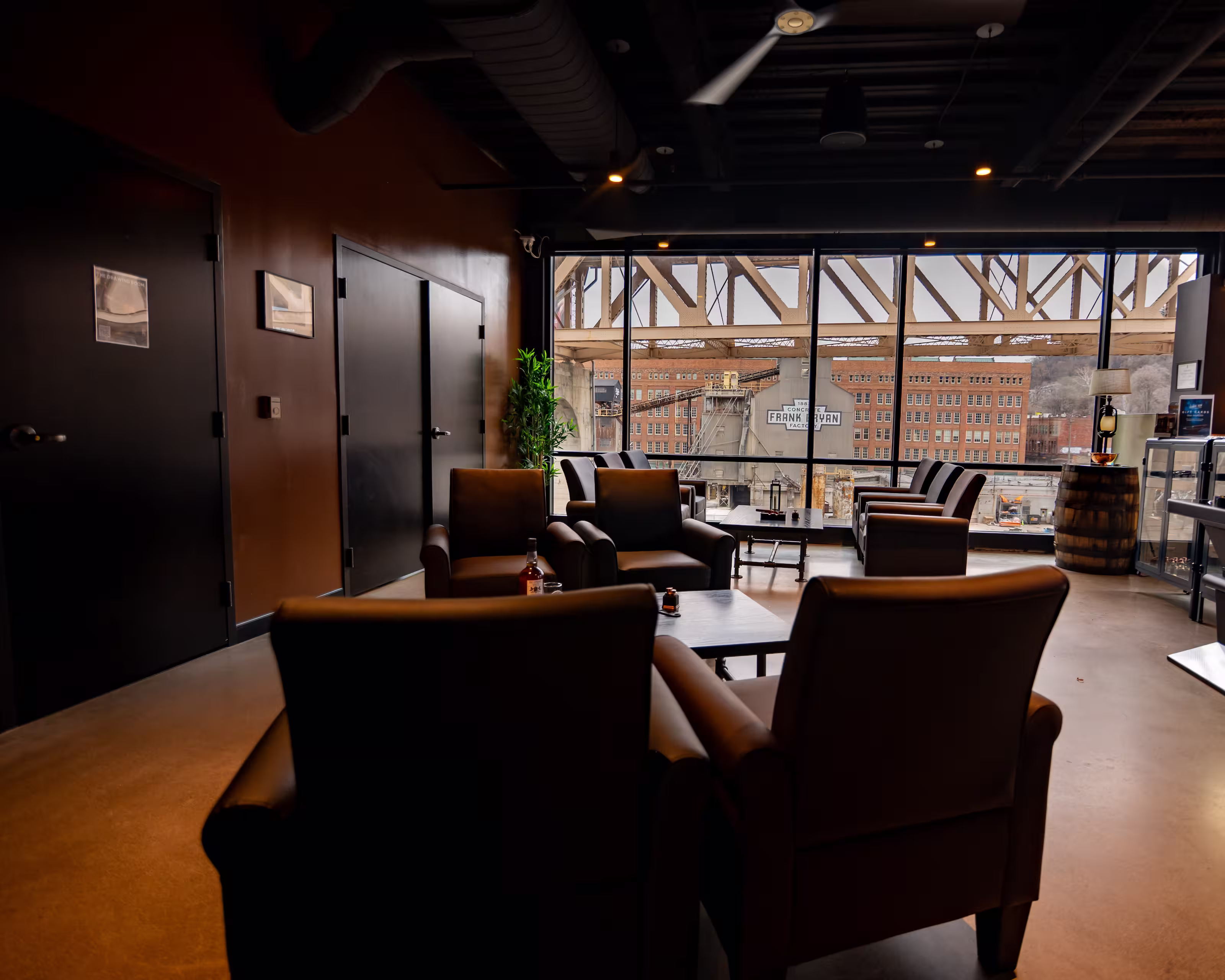 Dramatically lit public cigar lounge