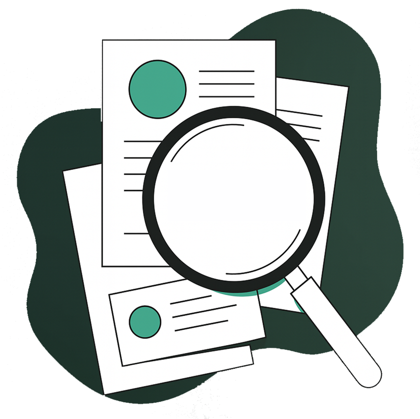 An illustration of a magnifying glass over some papers