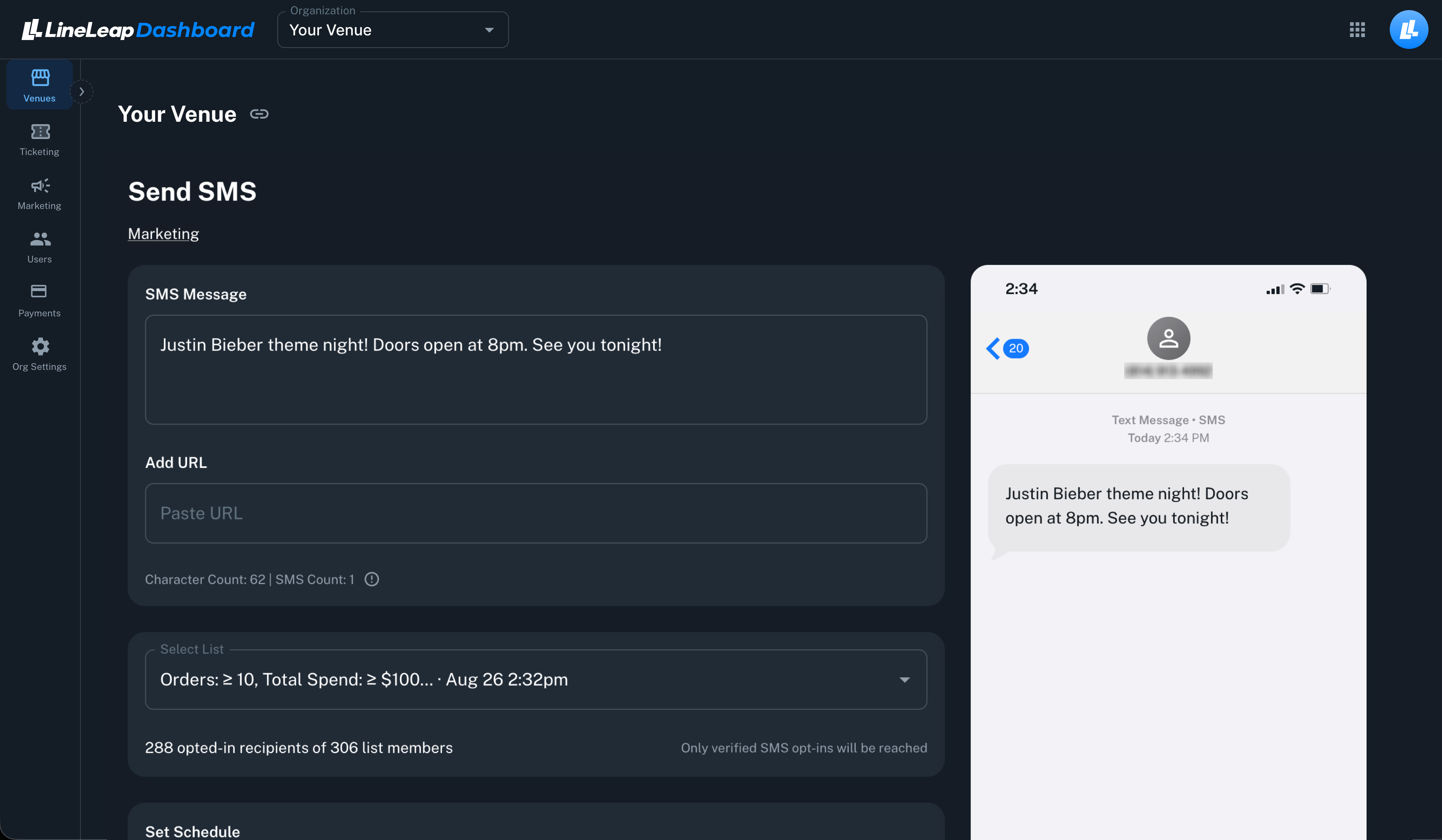 LineLeap dashboard — compose and schedule a promotional text