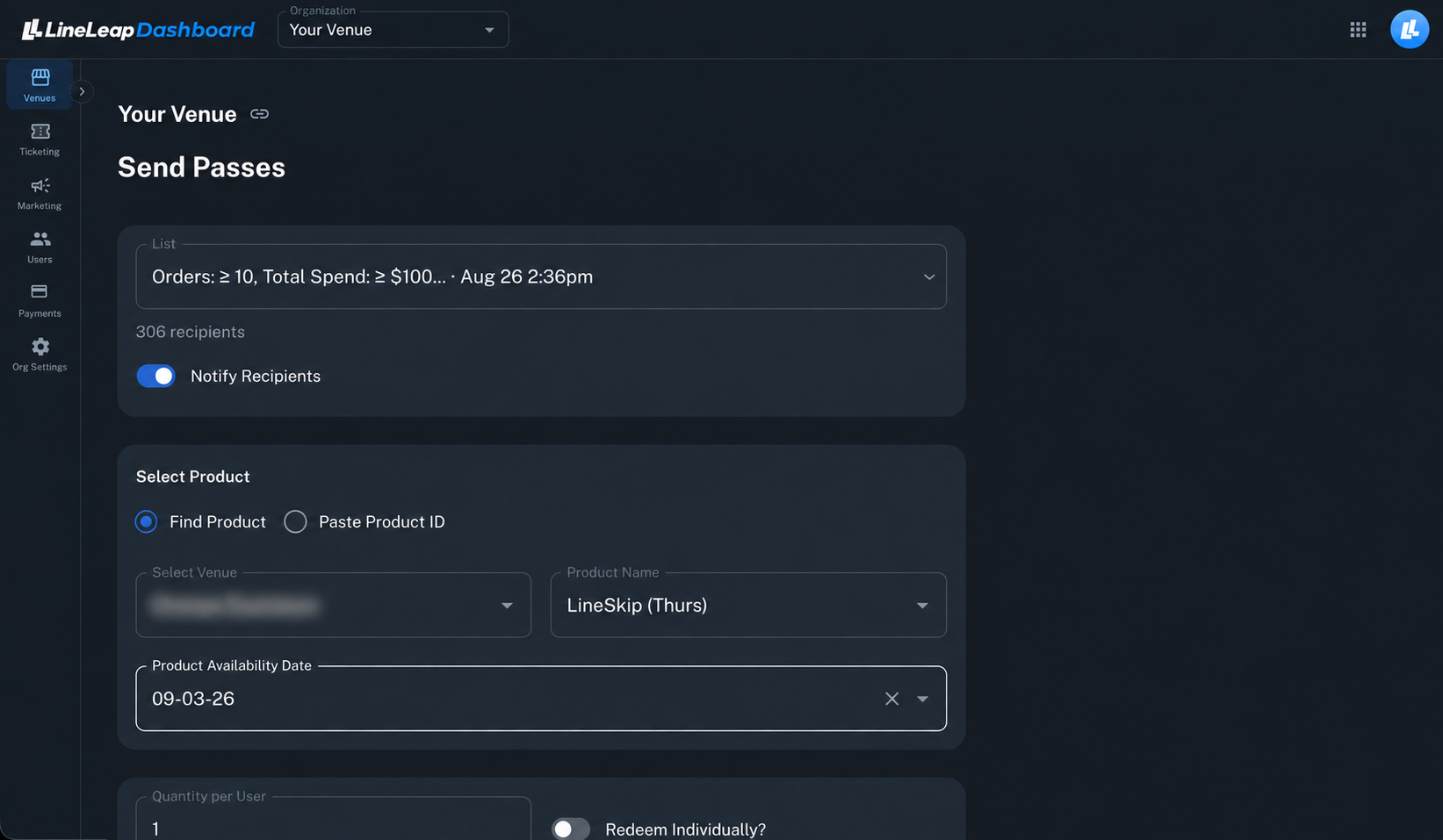 LineLeap Dashboard — send passes to selected customers