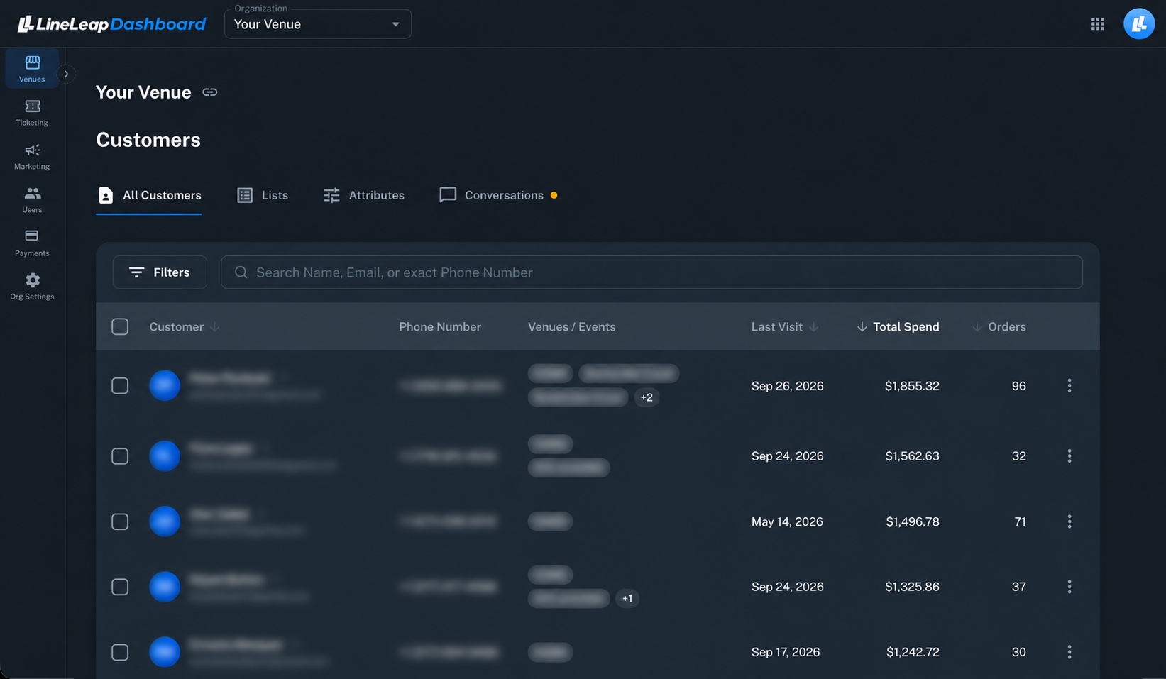 LineLeap Dashboard — customer filters and purchase history