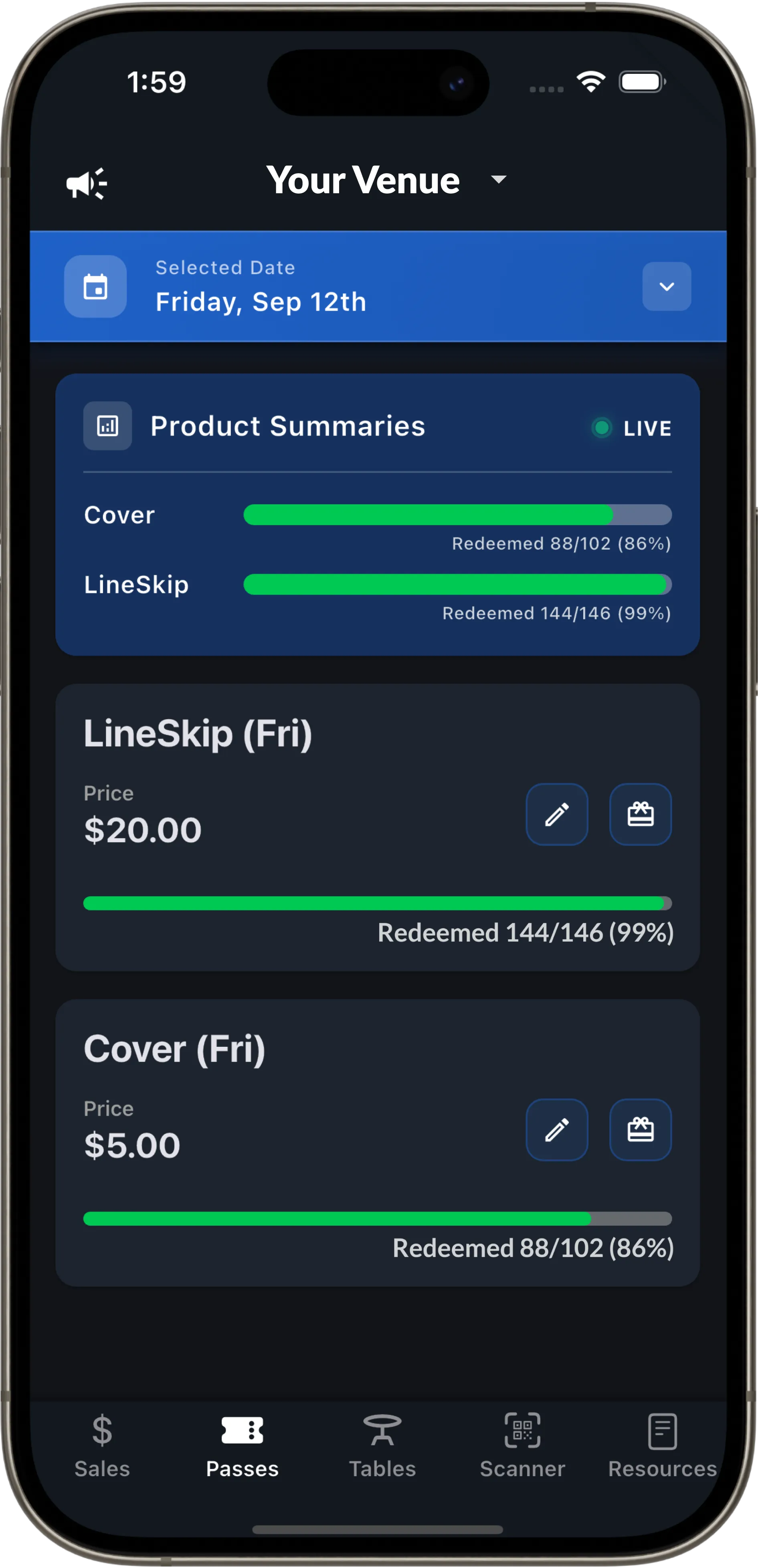 Your Venue — LineSkip and Cover sales and redemptions