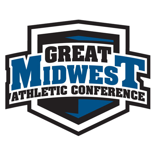 Logo of Great Midwest Athletic Conference with blue and black shield design.