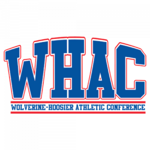 Logo with large blue and red letters WHAC for Wolverine-Hoosier Athletic Conference.