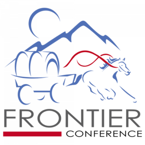 Logo of Frontier with a stylized horse pulling a covered wagon under a mountain and sun.