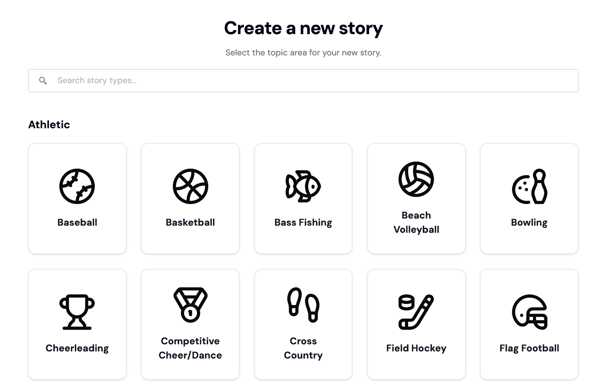 Create a new story interface showing athletic topic options including baseball, basketball, bass fishing, beach volleyball, bowling, cheerleading, competitive cheer/dance, cross country, field hockey, and flag football with icons and a search bar.