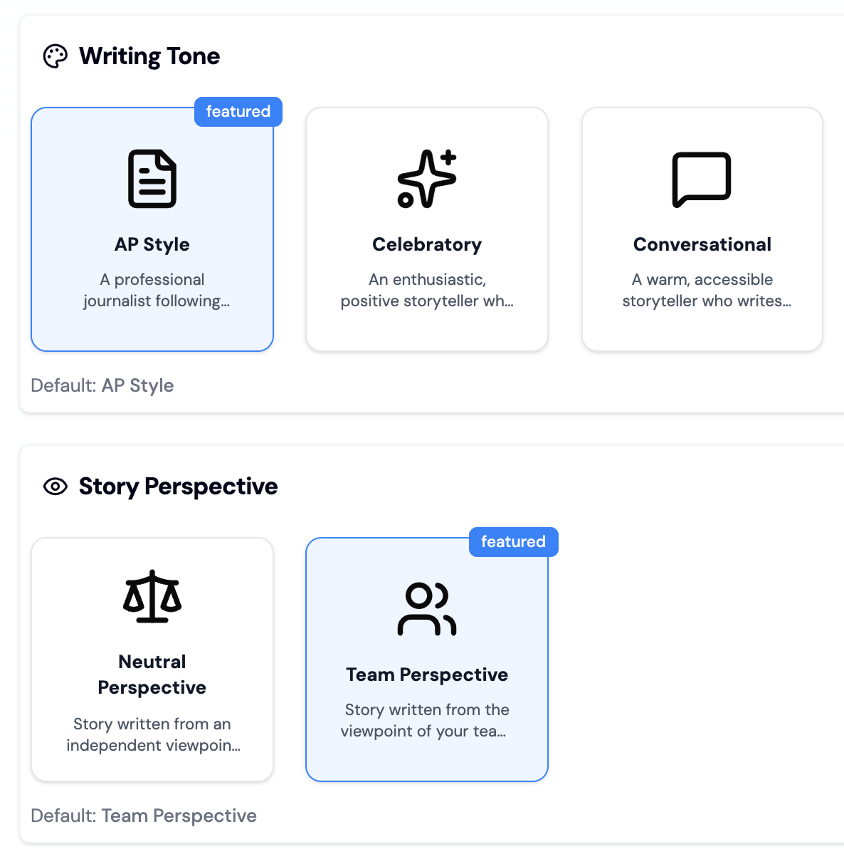 Writing Tone options featuring AP Style, Celebratory, and Conversational; Story Perspective options with Neutral Perspective and Team Perspective, both labeled as featured with default selections.