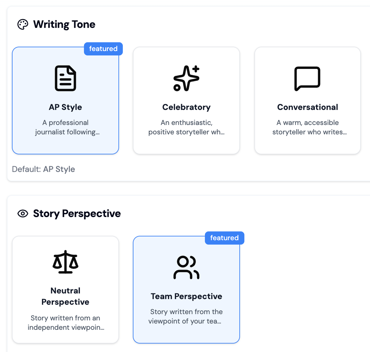 User interface showing selectable AI writing options for Writing Tone with AP Style selected, Celebratory and Conversational unselected, and for Story Perspective with Team Perspective selected and Neutral Perspective unselected.