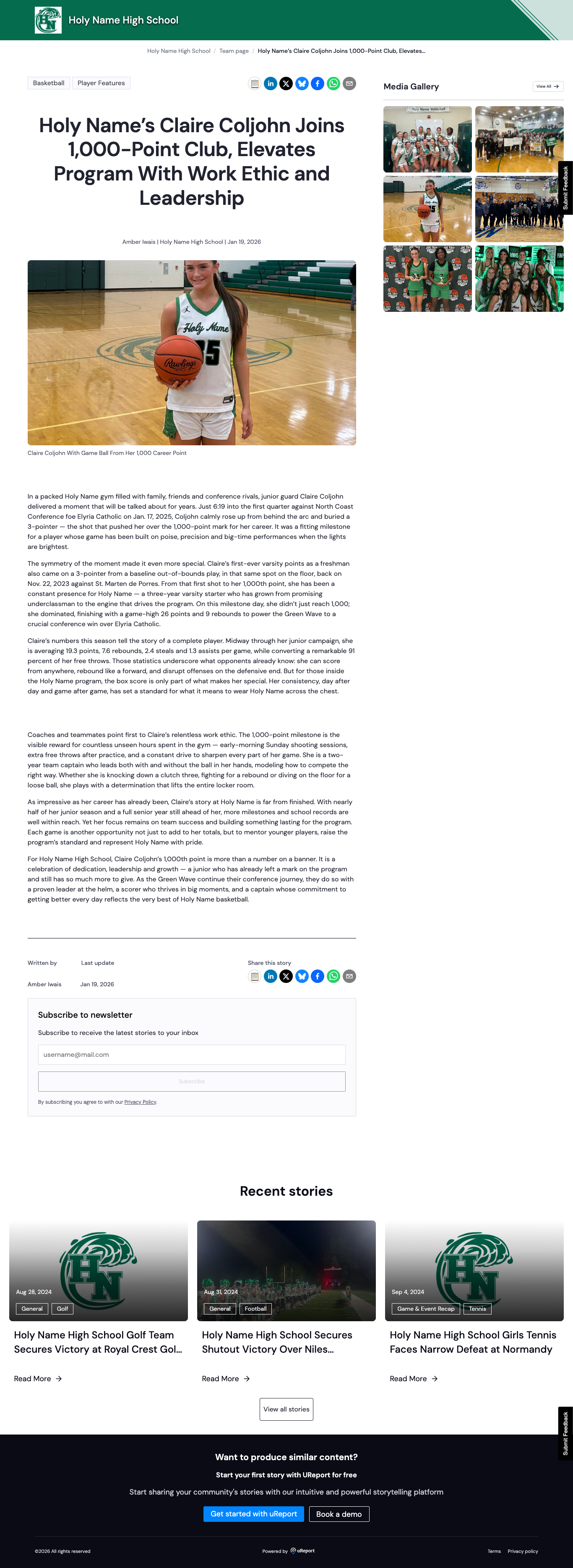 Claire Coljohn in a Holy Name basketball uniform holding a Rawlings basketball on an indoor court.