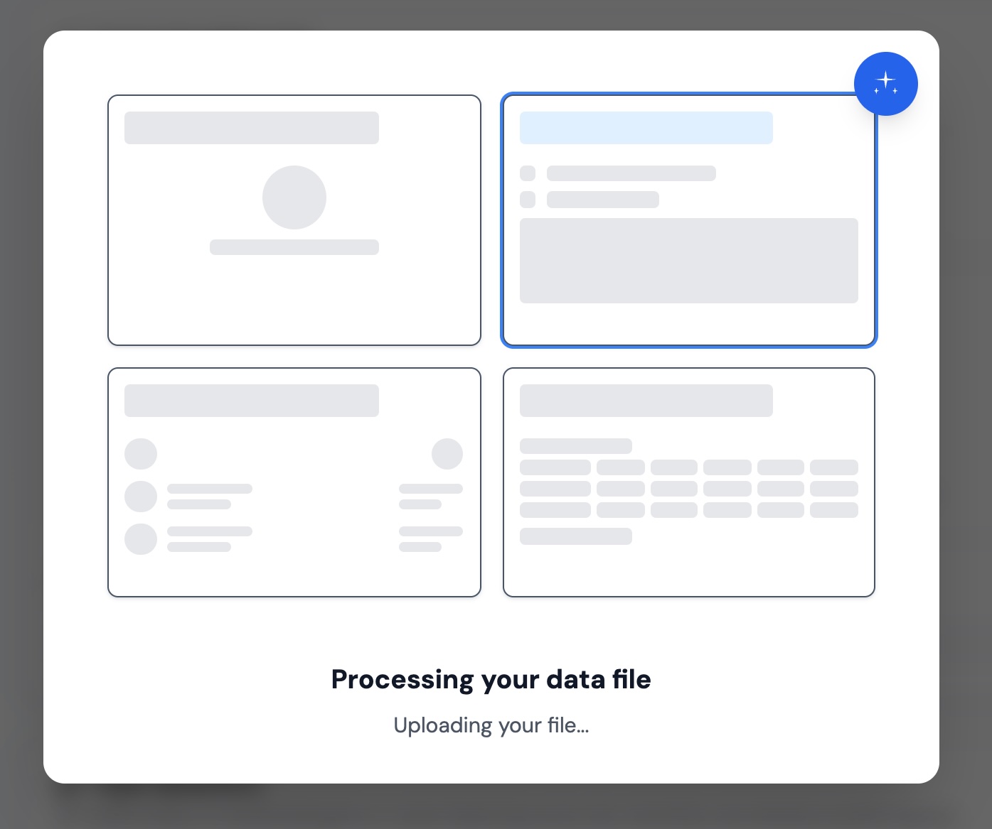 User interface showing four placeholder data panels with a blue highlight and a sparkle icon on the top right panel, with text below stating 'Processing your data file' and 'Uploading your file...'.