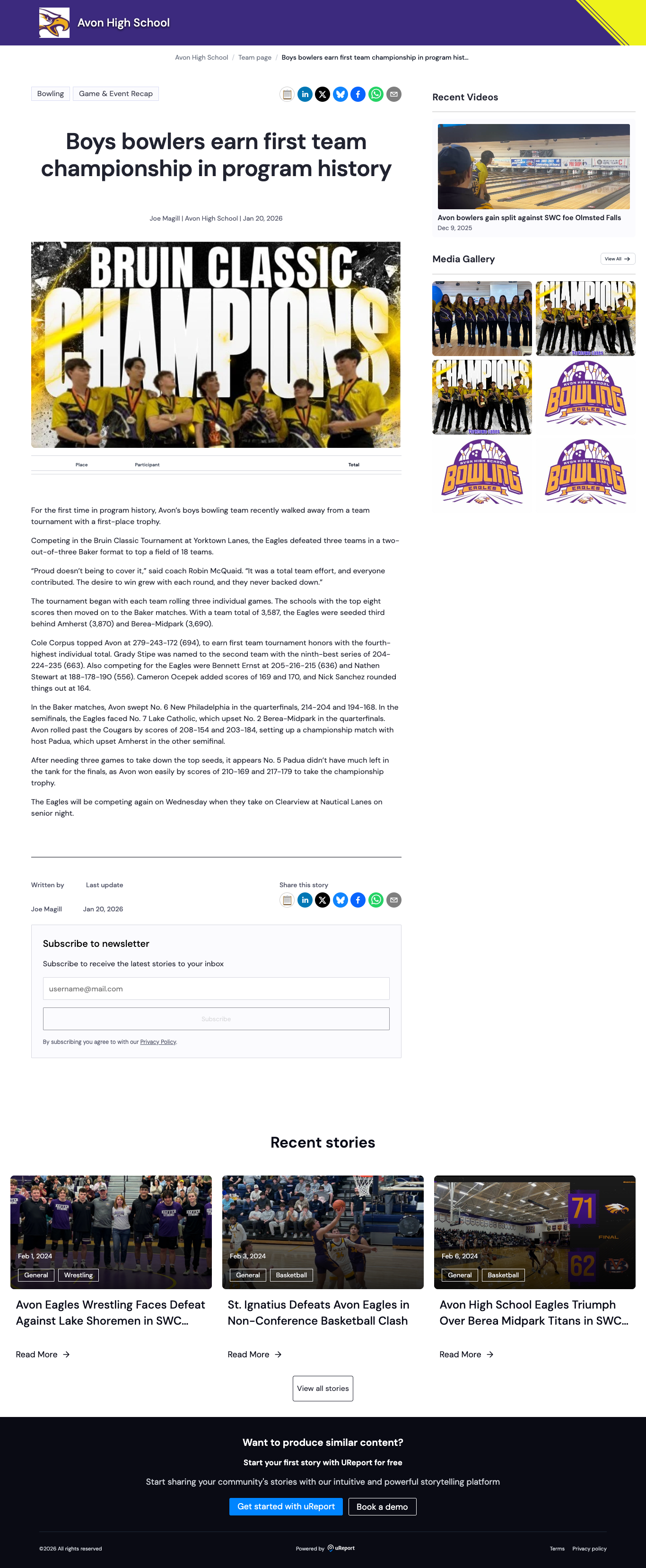 Avon High School boys bowling team posing with medals and a trophy under a banner reading Bruin Classic Champions.