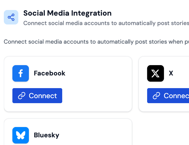 Social Media Integration interface with options to connect Facebook, X, and Bluesky accounts to automatically post stories.