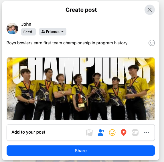 Social media post draft showing seven boys in matching yellow and black bowling shirts with medals and a trophy, celebrating their first team championship.
