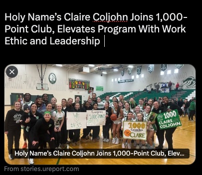 Group of basketball players and supporters posing in a gym holding signs celebrating Claire Coljohn joining the 1,000-point club.