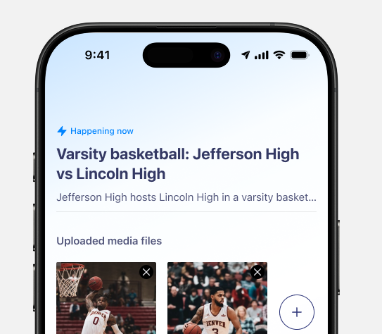 Mobile screen showing a post titled 'Varsity basketball: Jefferson High vs Lincoln High' with two uploaded basketball game photos.