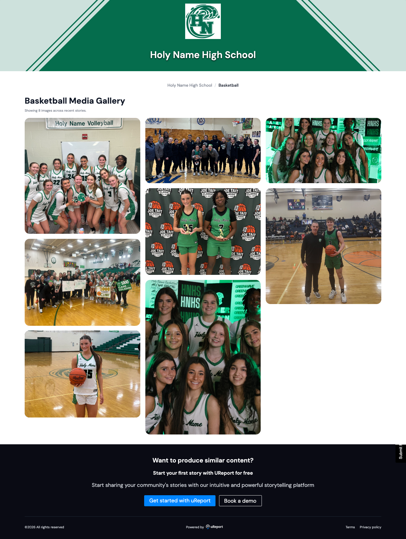 Collage of Holy Name High School basketball team photos showing players in uniforms posing in gym, holding trophies, and group shots with supporters.