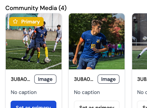 Two images of soccer players in blue uniforms on the field during a game, one with a 'Primary' label.