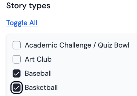 Checkbox list of story types with Baseball and Basketball selected.