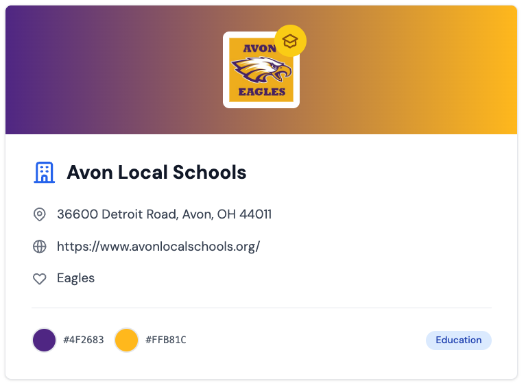 Avon Local Schools card showing school logo with eagle and text Avon Eagles, address 36600 Detroit Road, Avon, OH, website URL, and school colors purple and gold.
