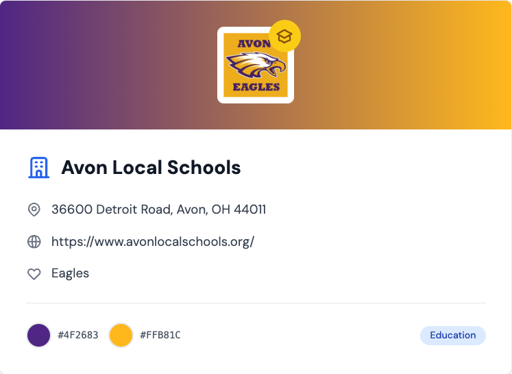 Avon Eagles logo with a purple and gold gradient background, address 36600 Detroit Road, Avon, OH, website URL, and school colors purple and gold.