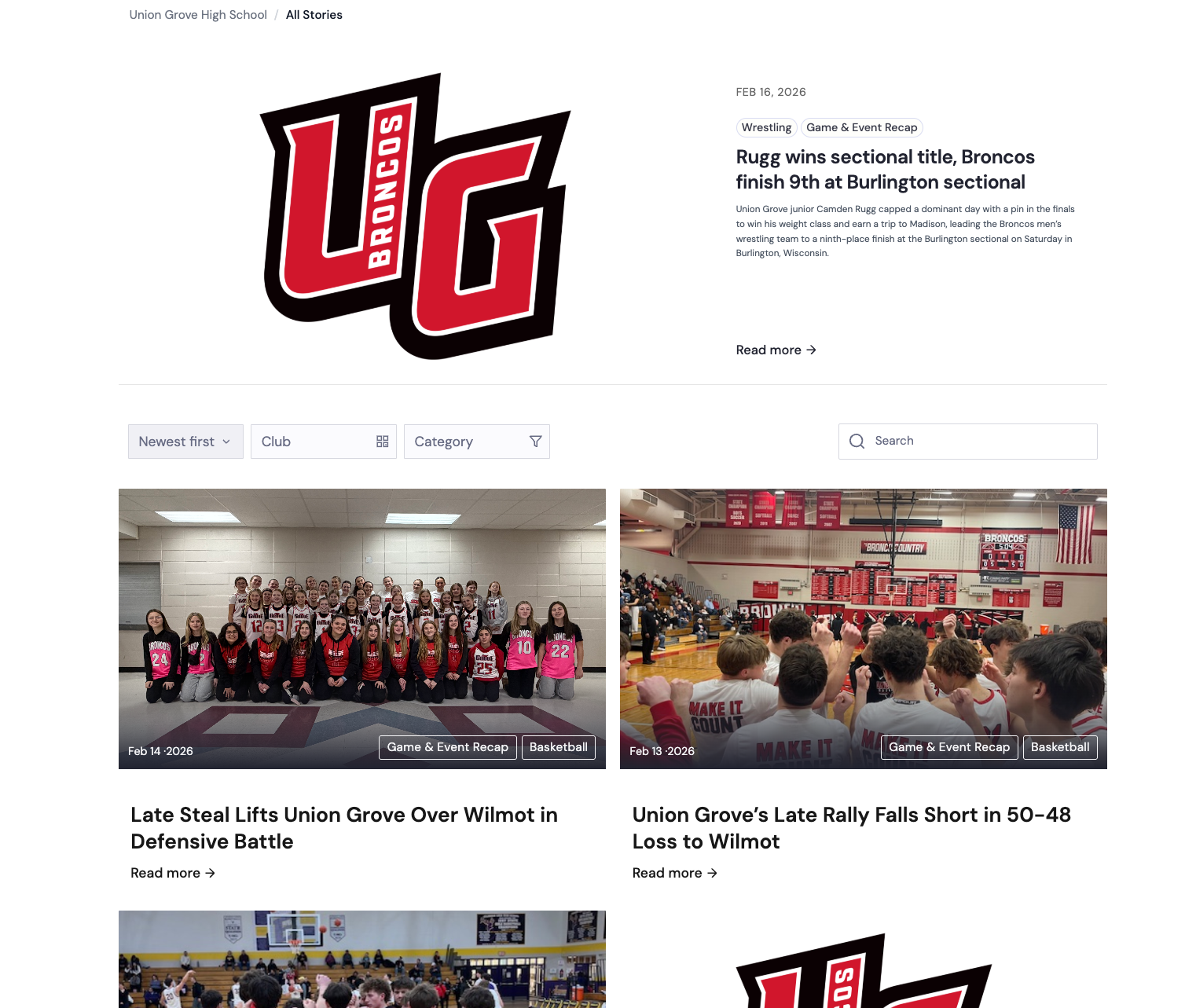 Union Grove High School Broncos logo with large red letters UG outlined in black and white.