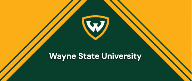 Wayne State University logo with a stylized W inside a shield on green and gold geometric background.