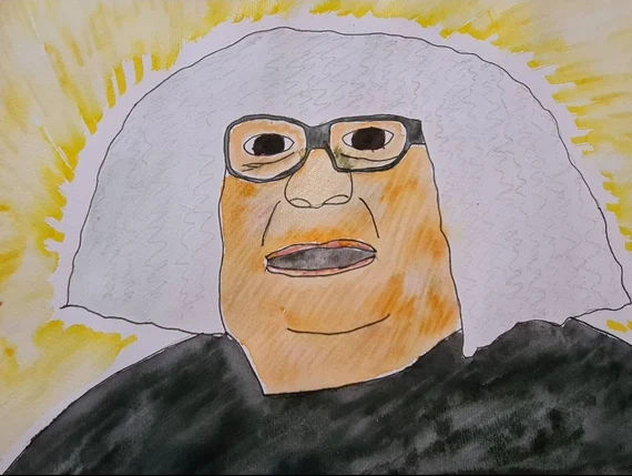 Watercolor painting of a person with white curly hair, glasses, and a dark shirt with a yellow background.