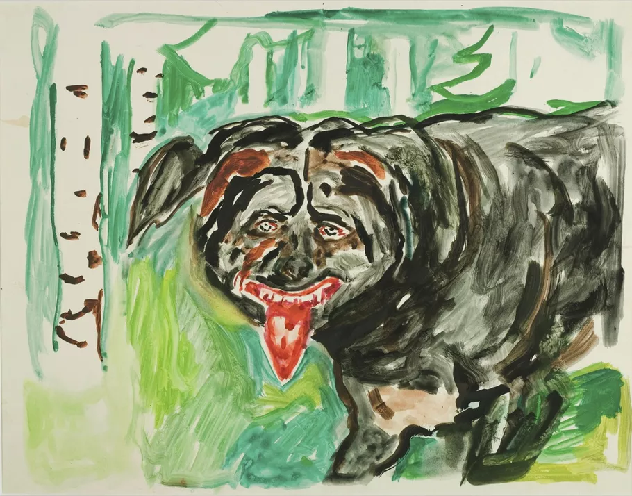 Abstract painting of a black and brown dog with a red tongue sticking out, surrounded by green and blue brushstroke background.