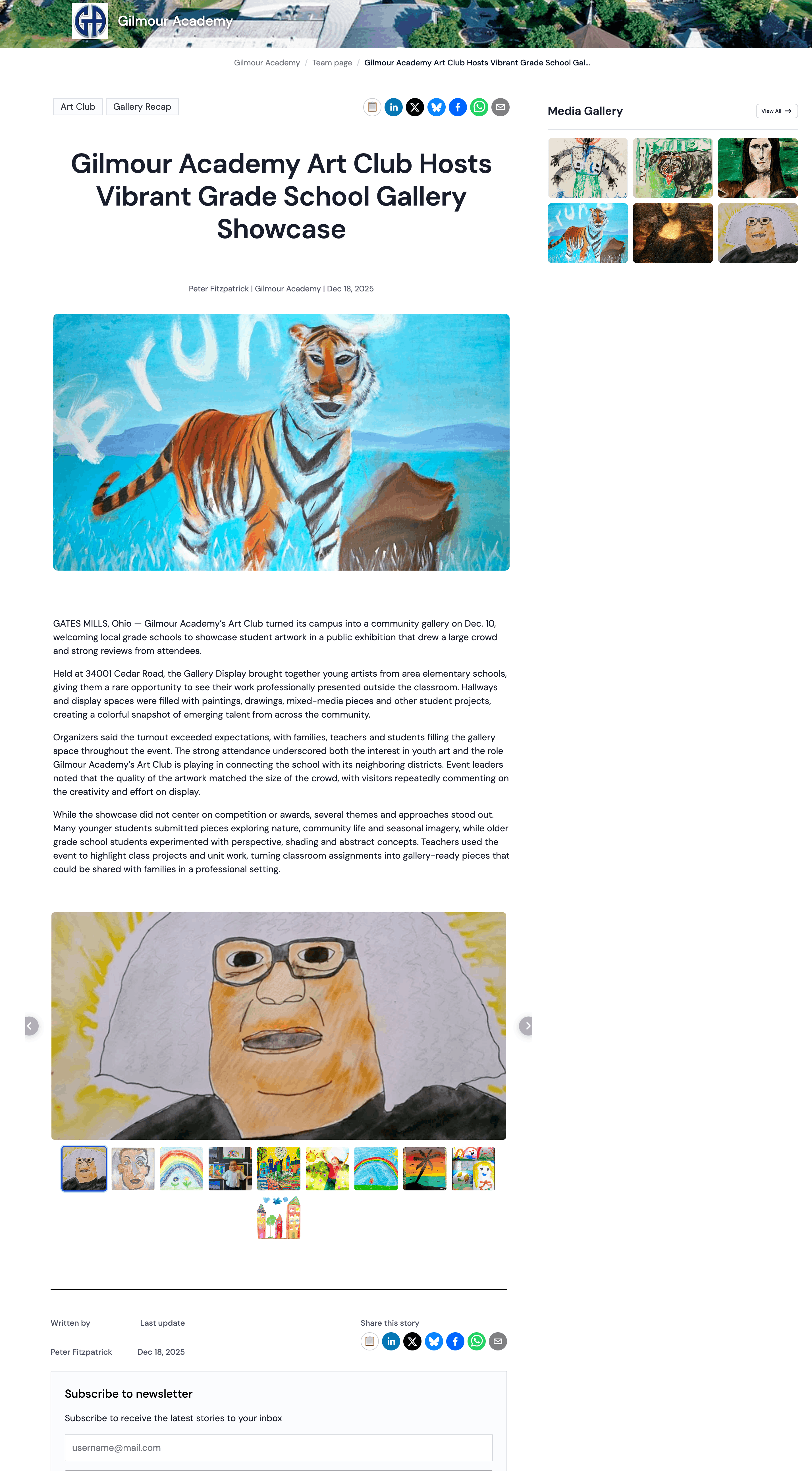Gilmour Academy Art Club webpage showcasing student grade school artwork including paintings of a tiger and a person with glasses.