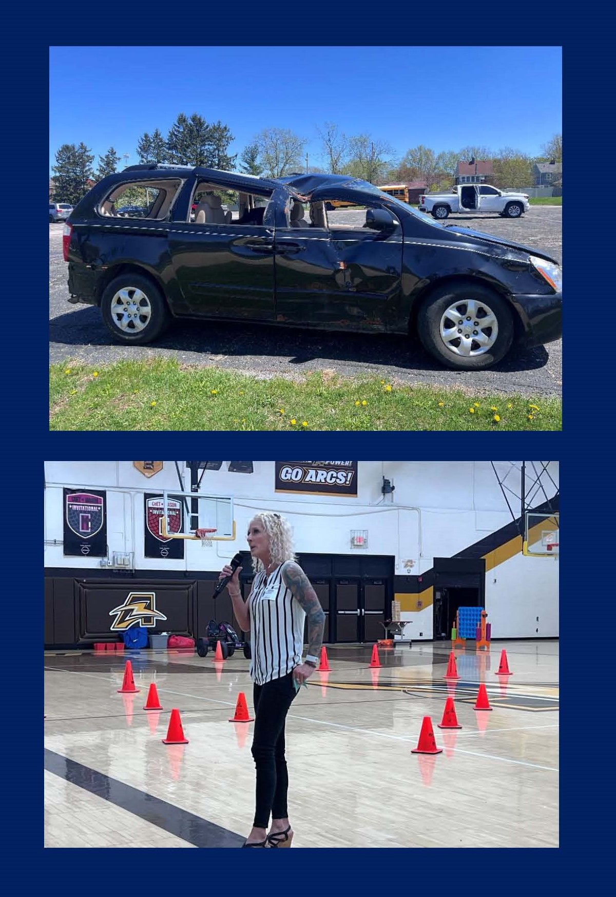 Top: Black minivan with extensive damage to the roof and driver's side door parked on pavement near grass. Bottom: Woman with blonde curly hair holding a microphone speaking inside a gymnasium with orange cones arranged on the wooden floor.