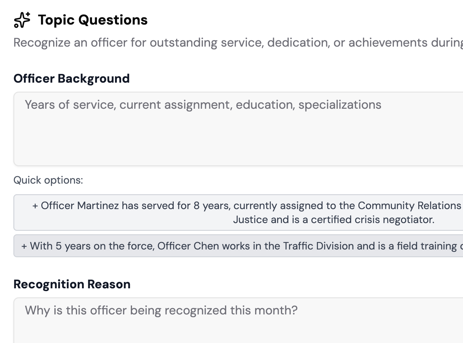 Form section titled Topic Questions with fields for Officer Background and Recognition Reason, including quick option examples for officer service details.