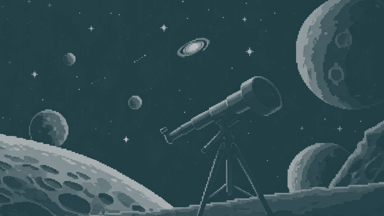A telescope in the foreground and stars and planets in the background.