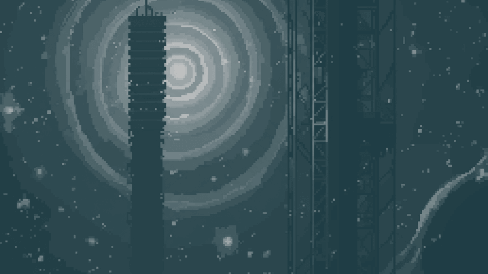 A silhouette of a data tower structure 