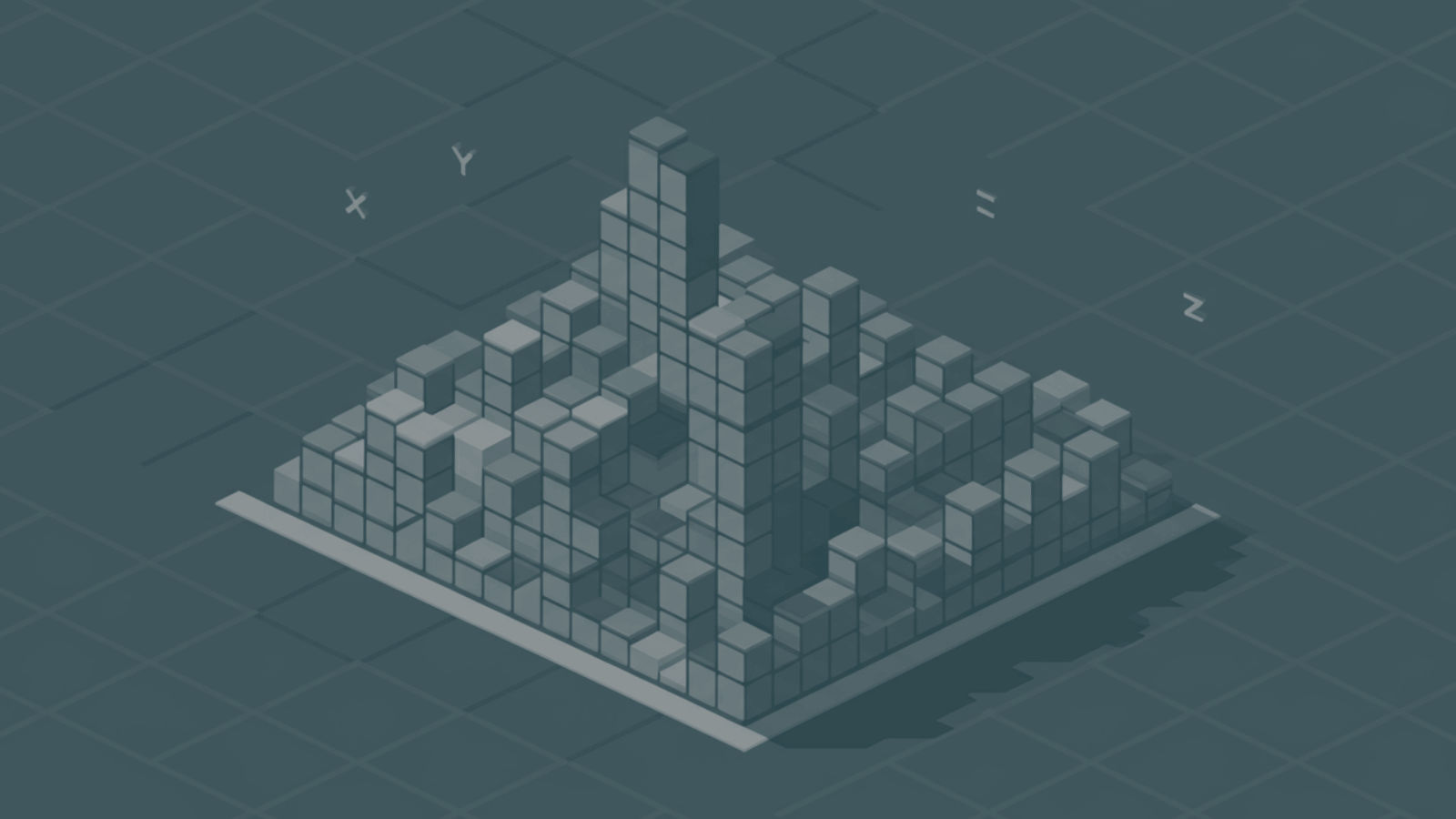 A stylized 3d graph represented by stacked cubes on a grid
