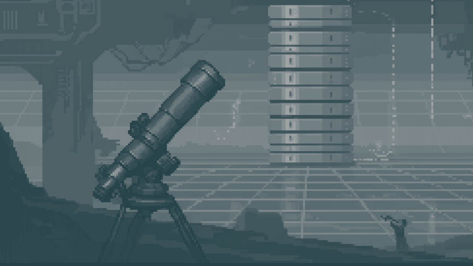 A telescope with a stylized data tower in the background
