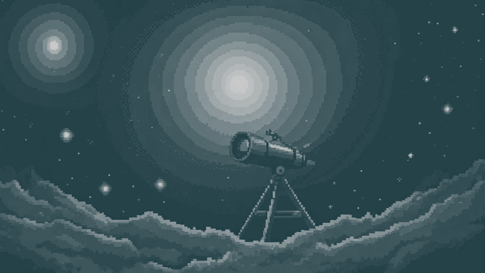 A telescope in front of a beautiful starry background