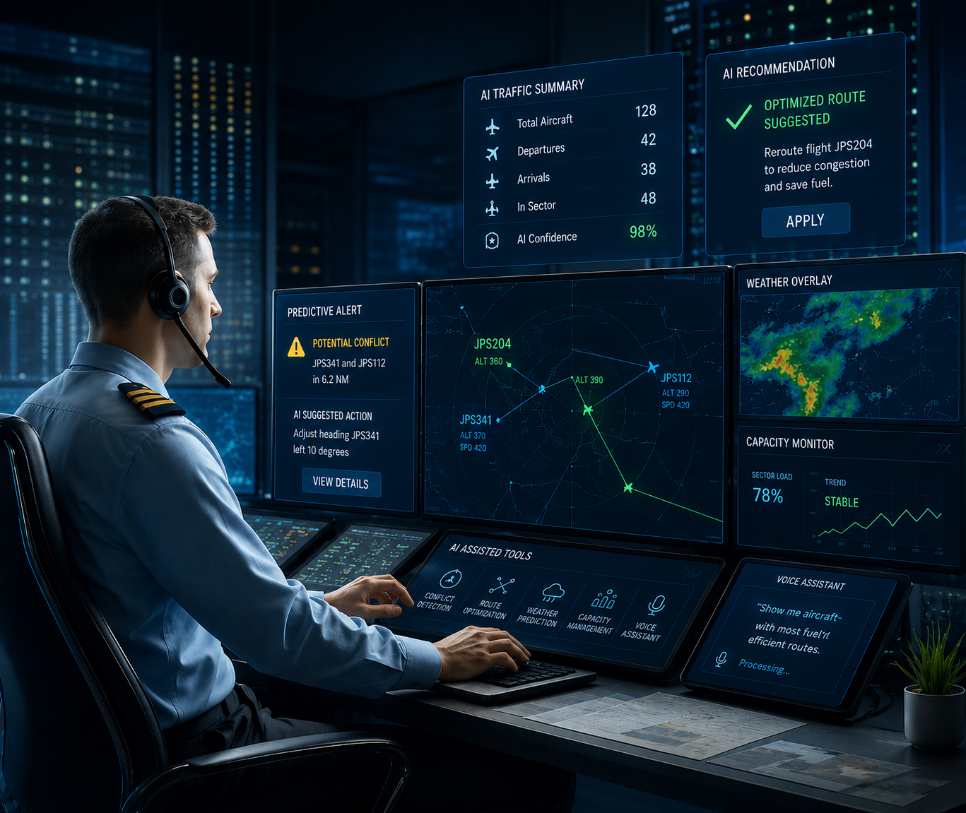 Air traffic controller using AI-powered dashboards and predictive analytics to monitor and manage aircraft traffic in a futuristic control center