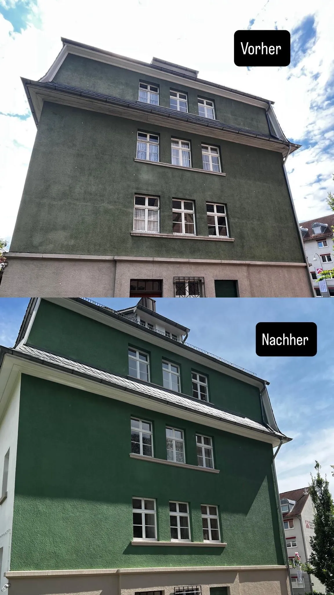 Vorher-Nachher-Vergleich einer durch EU Dienstleistungen renovierten Hausfassade.